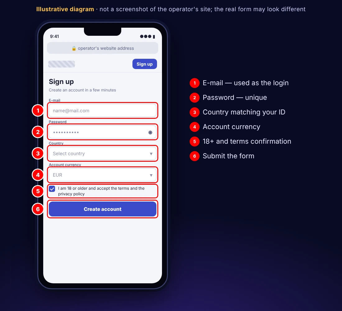 Illustrative diagram (not an operator screenshot): sign-up form with e-mail, password, country, currency, 18+ consent and submit button marked