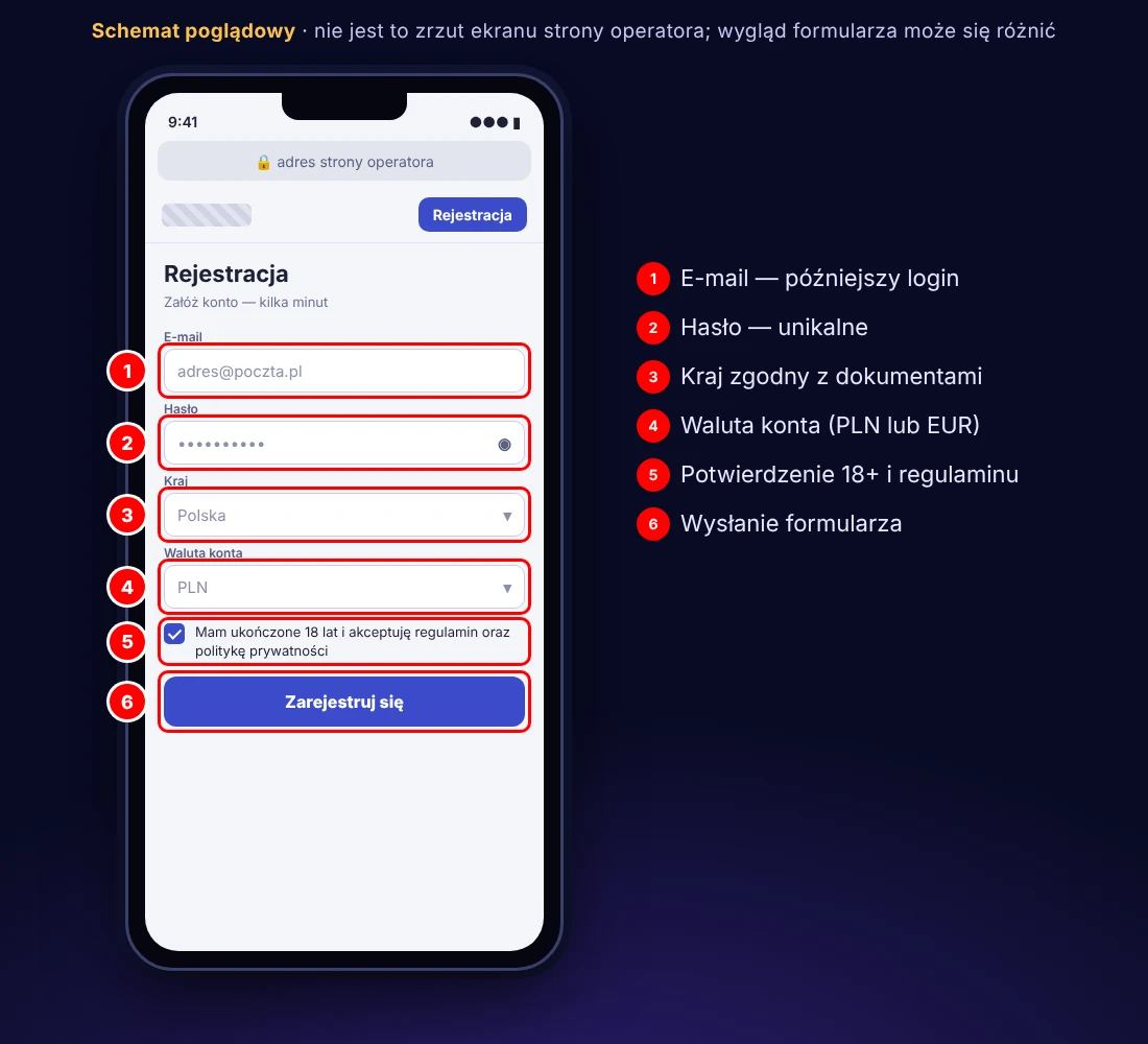 Schemat poglądowy (nie zrzut ekranu operatora): formularz rejestracji z zaznaczonymi polami e-mail, hasło, kraj, waluta, zgoda 18+ i przyciskiem wysyłania