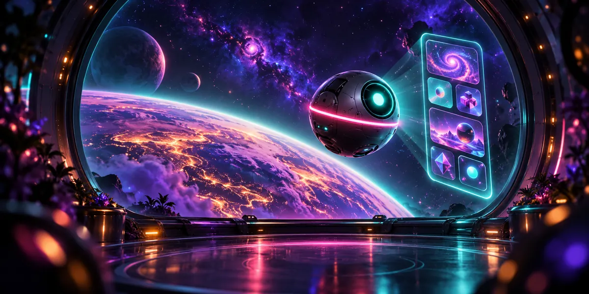Drone projecting a phone screen of game tiles — app illustration