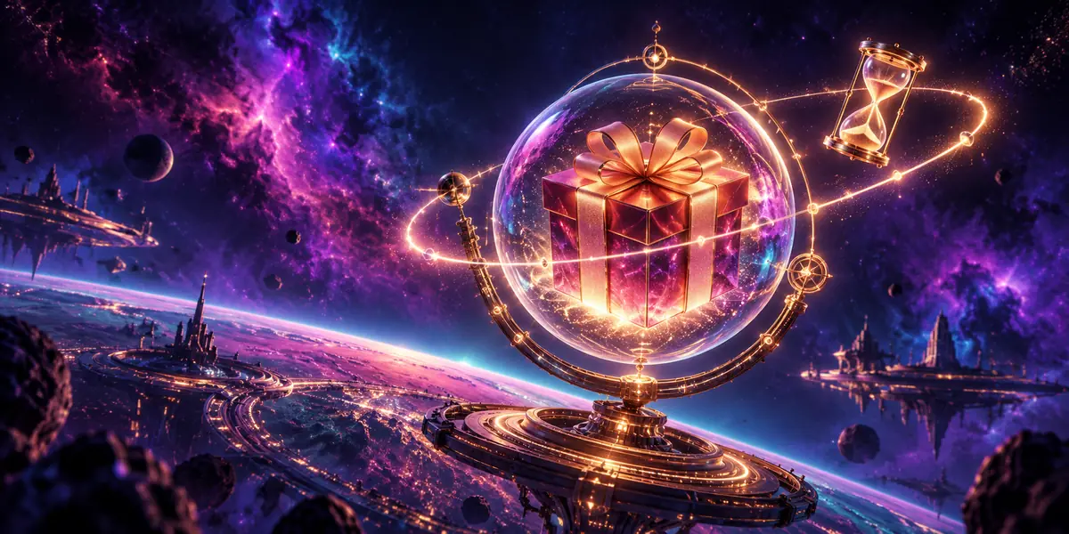 Gift box in a glass sphere with an hourglass — bonus terms illustration