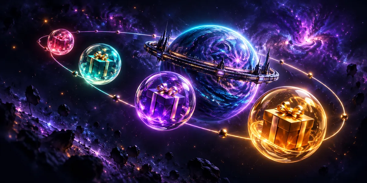 Cztery szklane kule z prezentami na orbicie — ilustracja czterech etapów pakietu