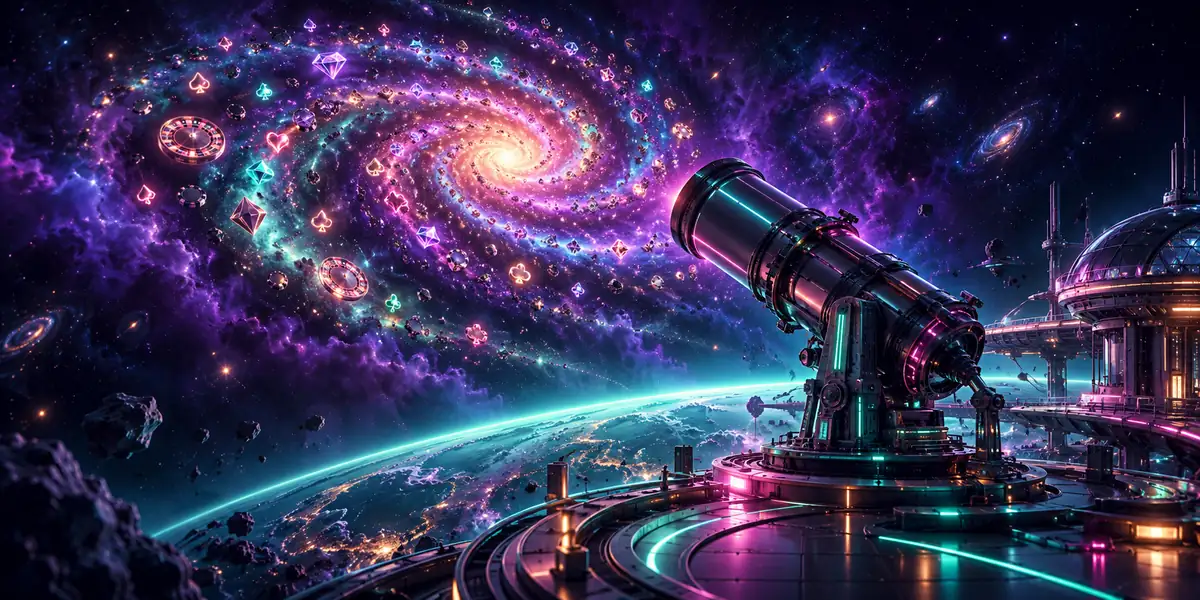 Telescope aimed at a galaxy of game symbols — games illustration