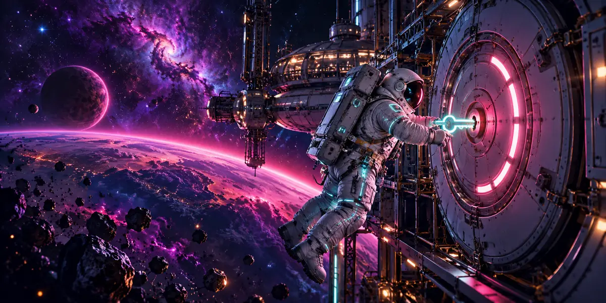 Astronaut opening a station hatch with a glowing key — login illustration