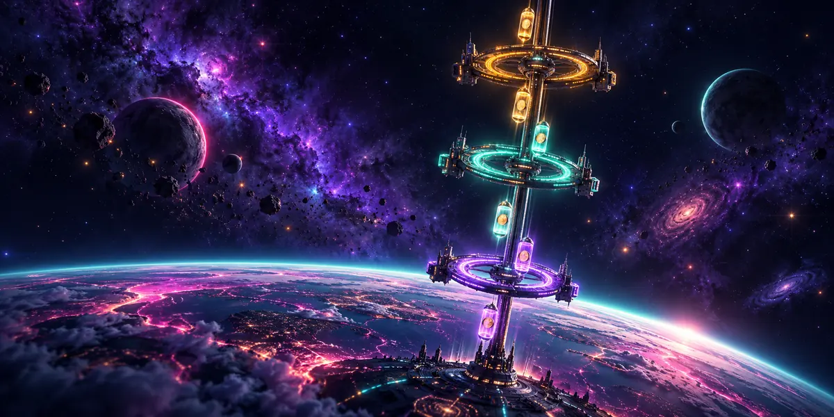 Space elevator with pods passing three rings — payout stages illustration