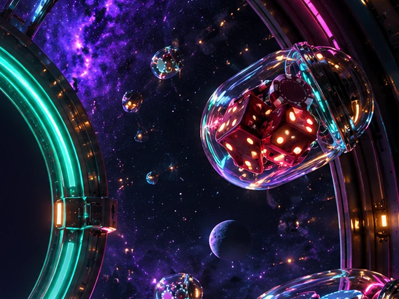 Glaskapseln mit Würfeln und Chips im Orbit – Illustration zum Spielangebot