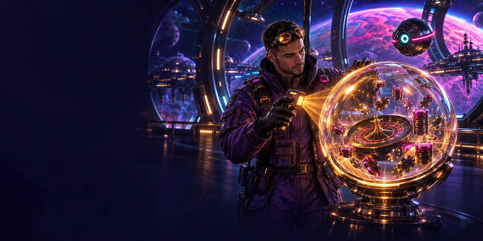 Techniker prüft eine Glaskugel mit Roulette und Chips – Illustration zum Xon-Überblick