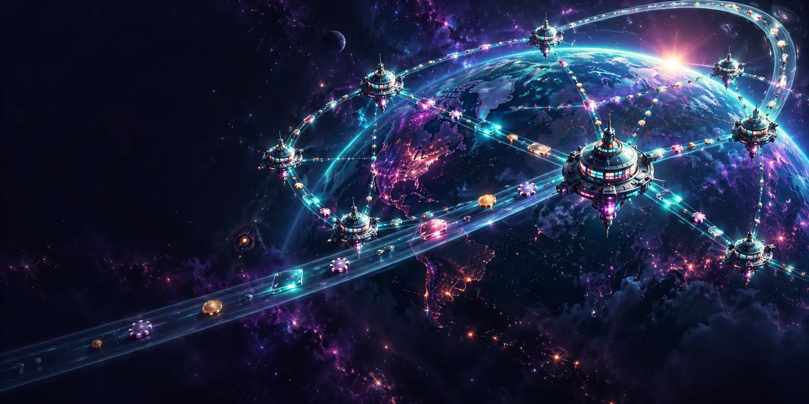 Satellite stations linked around a neon planet — illustration of the Xon mobile guide